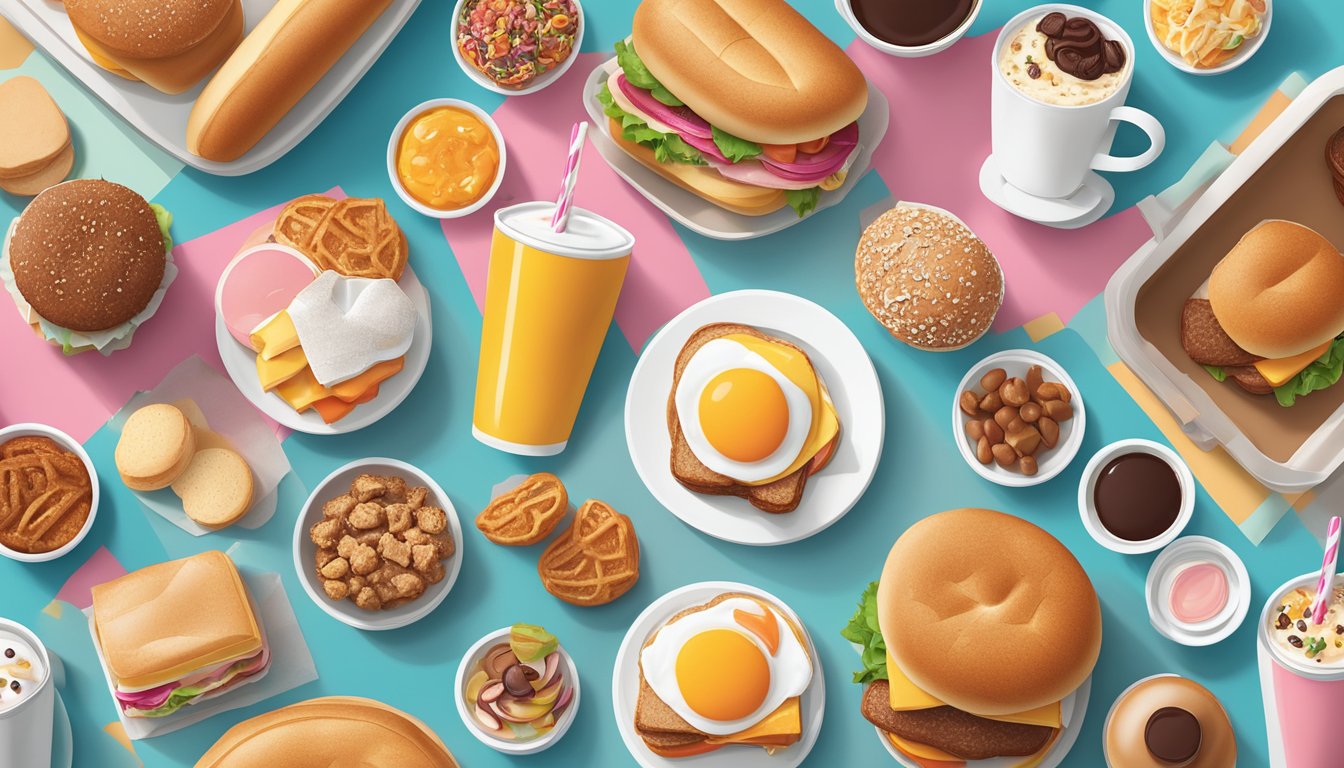 A hearty breakfast sandwich surrounded by a variety of Dunkin' breakfast items, all arranged on a table with a clean and modern aesthetic