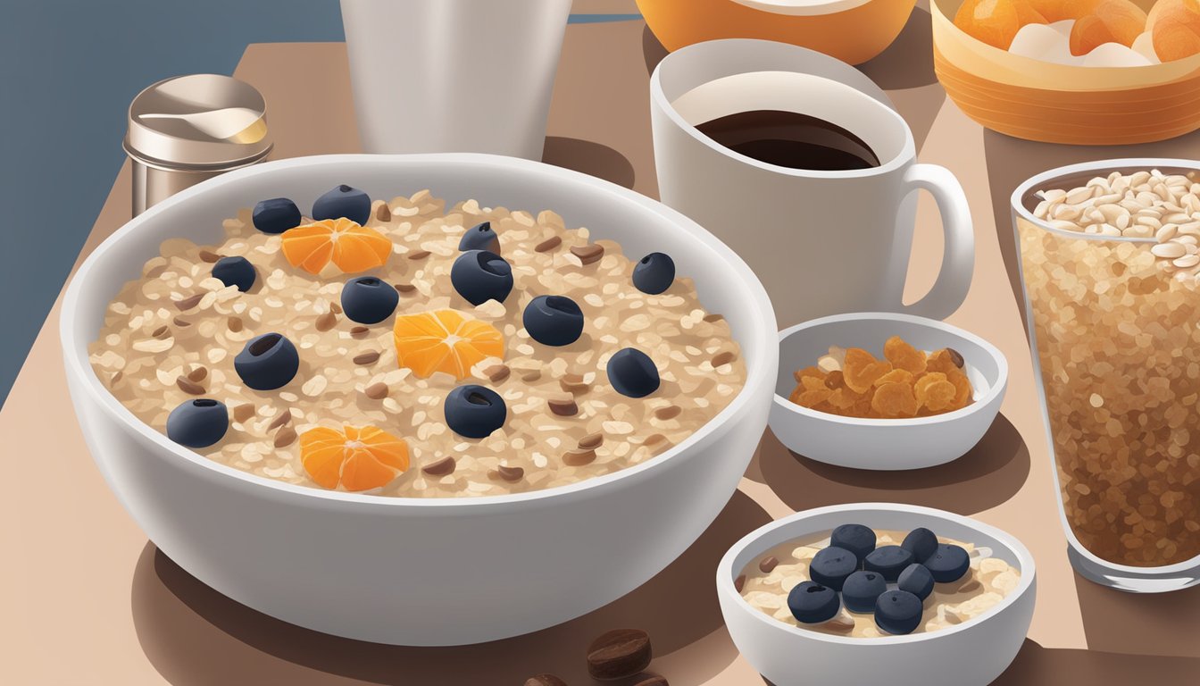 A bowl of oatmeal topped with dried fruit and brown sugar sits on a table next to a coffee and a selection of Dunkin' breakfast items