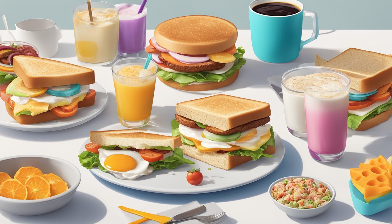 A colorful veggie egg white sandwich surrounded by a variety of low-calorie Dunkin' breakfast items on a clean, modern table