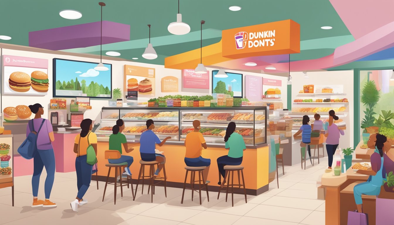 A bustling Dunkin' Donuts store with a colorful display of plant-based breakfast options, including sandwiches, pastries, and drinks. Customers eagerly ordering and enjoying their meals