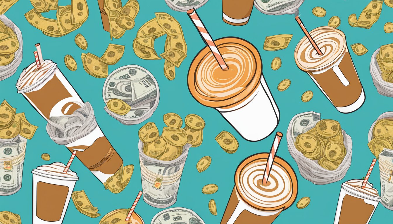 Two straws in a large iced coffee, surrounded by ten money-saving Dunkin' hacks