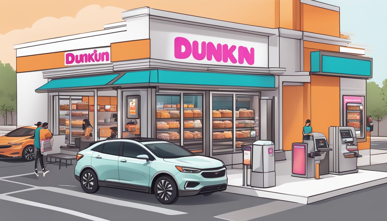 A bustling Dunkin' drive-thru with sleek digital menu boards, contactless payment options, and efficient order pickup stations