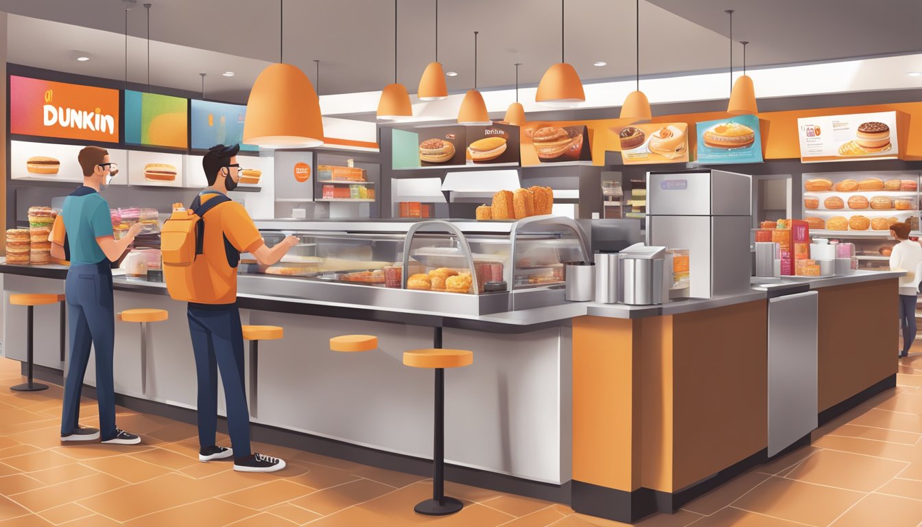 A bustling Dunkin' store with a modern, inviting interior. Customers are enjoying a variety of breakfast items and beverages while staff members efficiently serve and engage with them