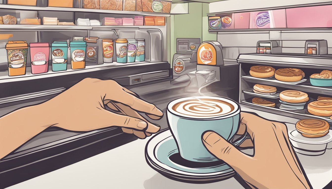 A hand reaching for a medium coffee cup with flavor swirls at a Dunkin' Donuts counter