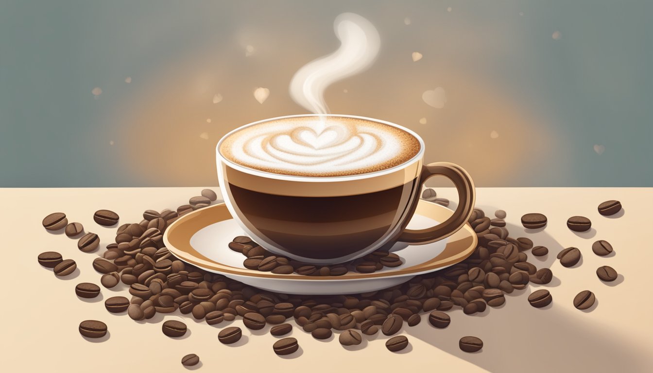 A steaming cup of coffee with a heart-shaped foam art on top, surrounded by scattered coffee beans and a cozy atmosphere