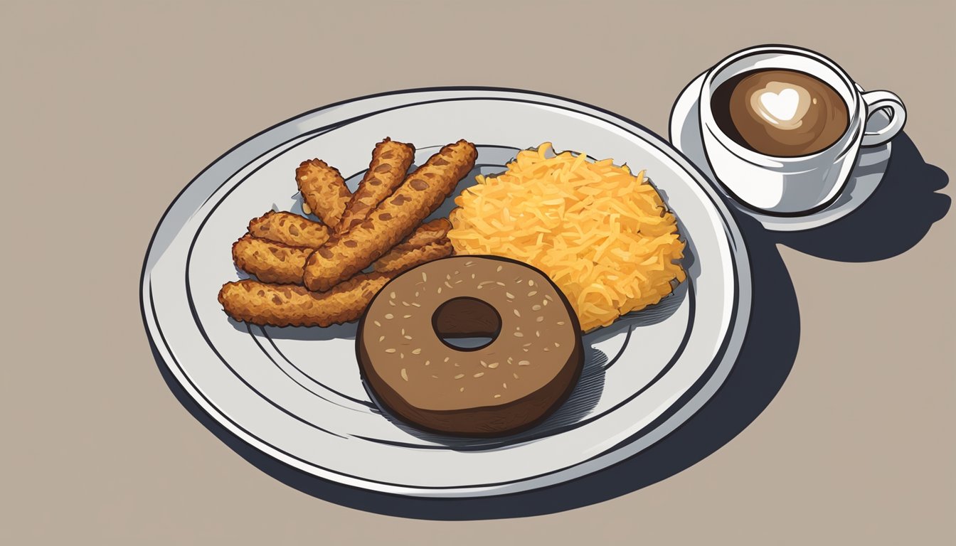 A platter with a sausage biscuit, hash browns, and a cup of coffee on a table