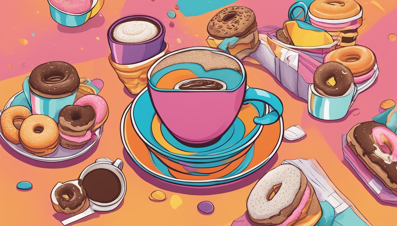 A colorful coffee cup with the Dunkin' Donuts logo surrounded by laughter and relatable scenarios