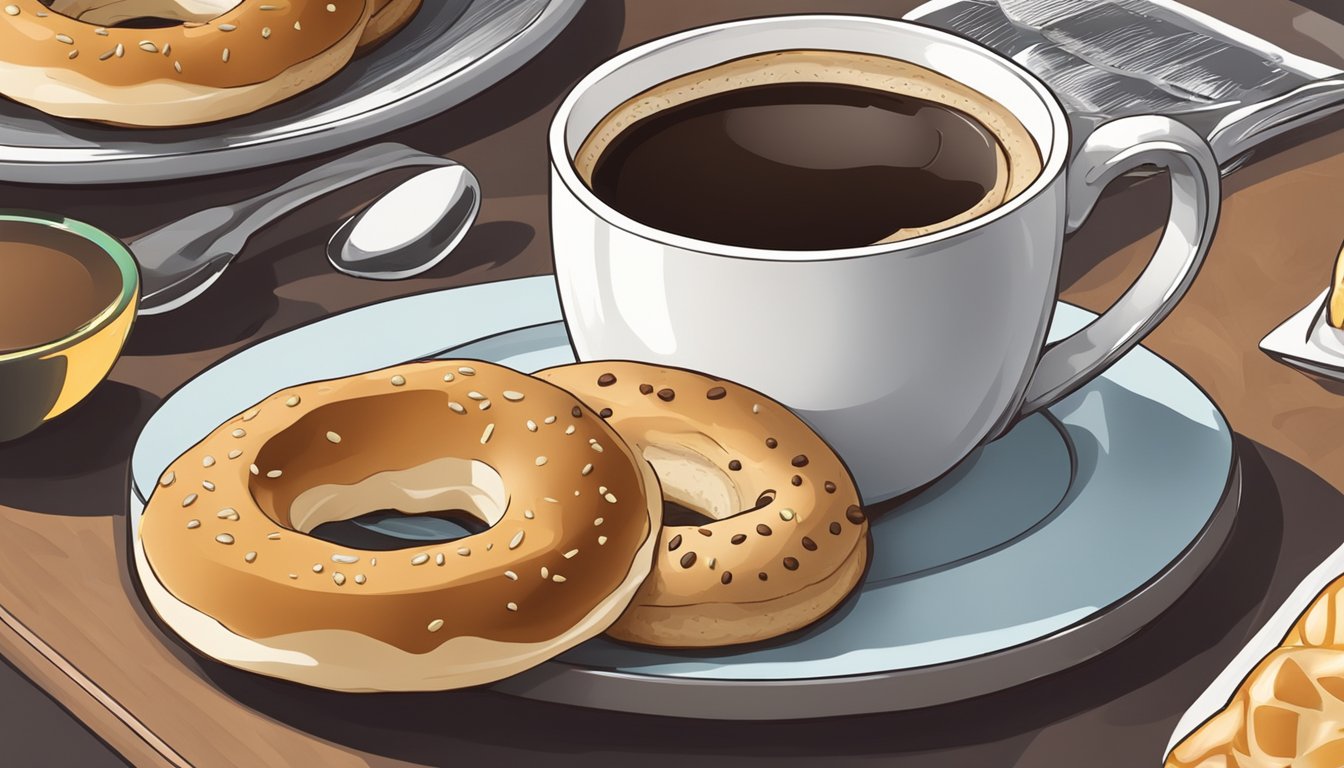 A bagel with cream cheese sits next to a hot cup of coffee, surrounded by other breakfast items on a table