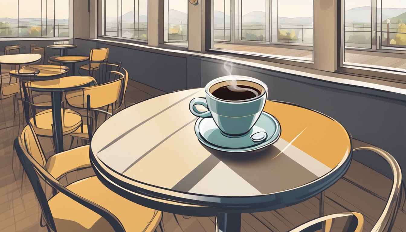 A coffee cup with a full level indicator, surrounded by empty chairs and tables in a quiet cafe