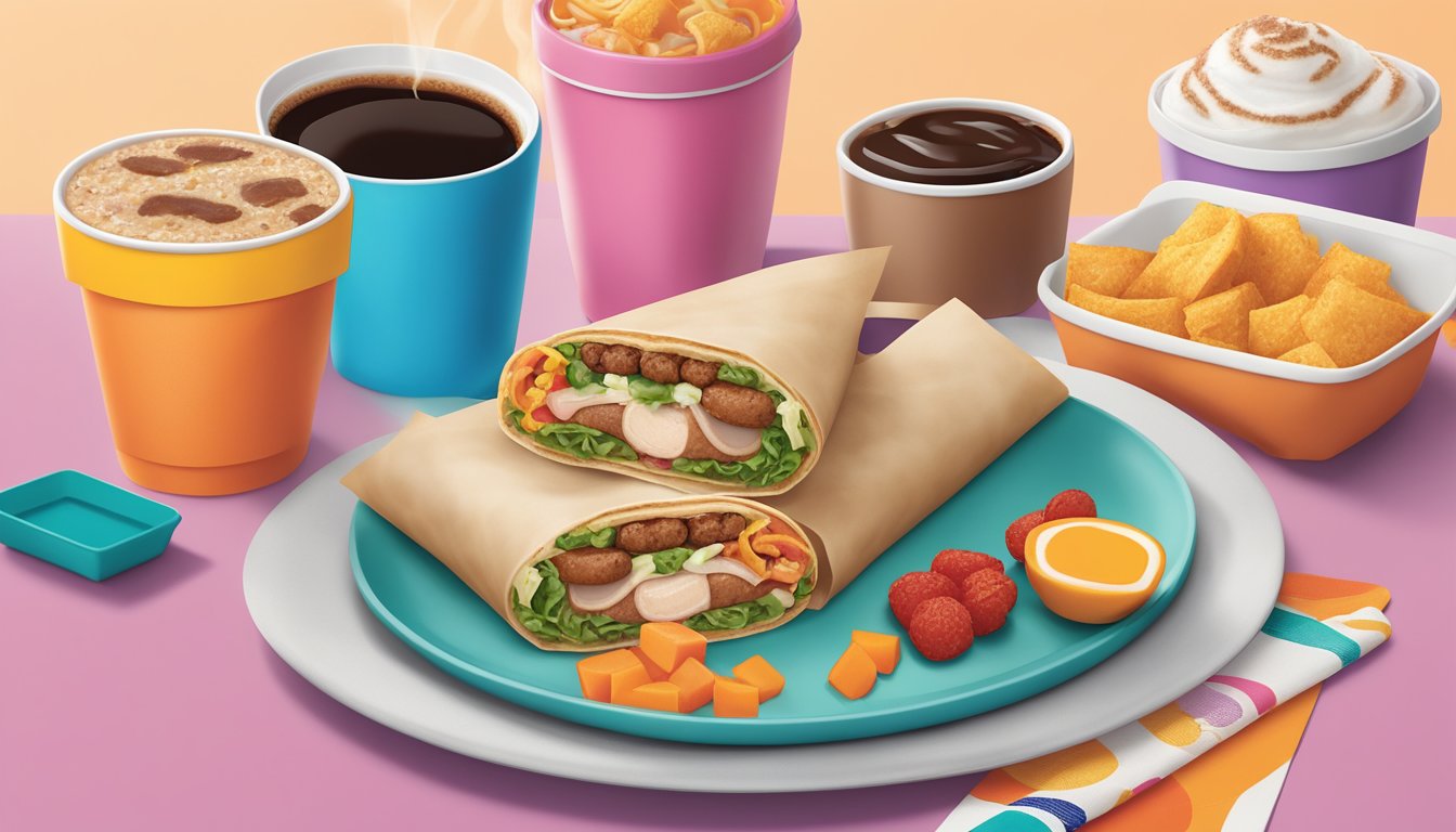 A steaming turkey sausage wake-up wrap sits on a colorful Dunkin' breakfast combo menu, surrounded by a cup of coffee and other breakfast items