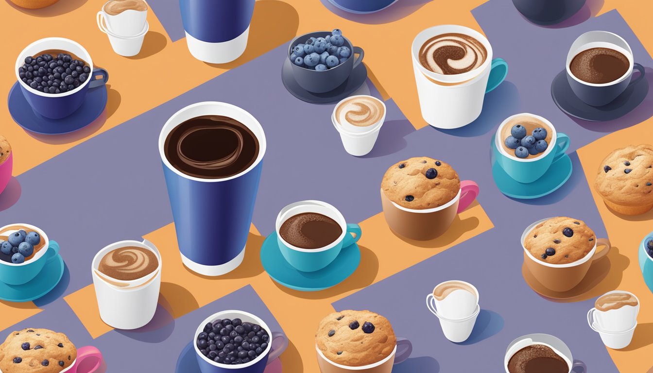 A table with nine different Dunkin' coffee cups, each labeled with a different flavor, surrounded by scattered blueberry muffins