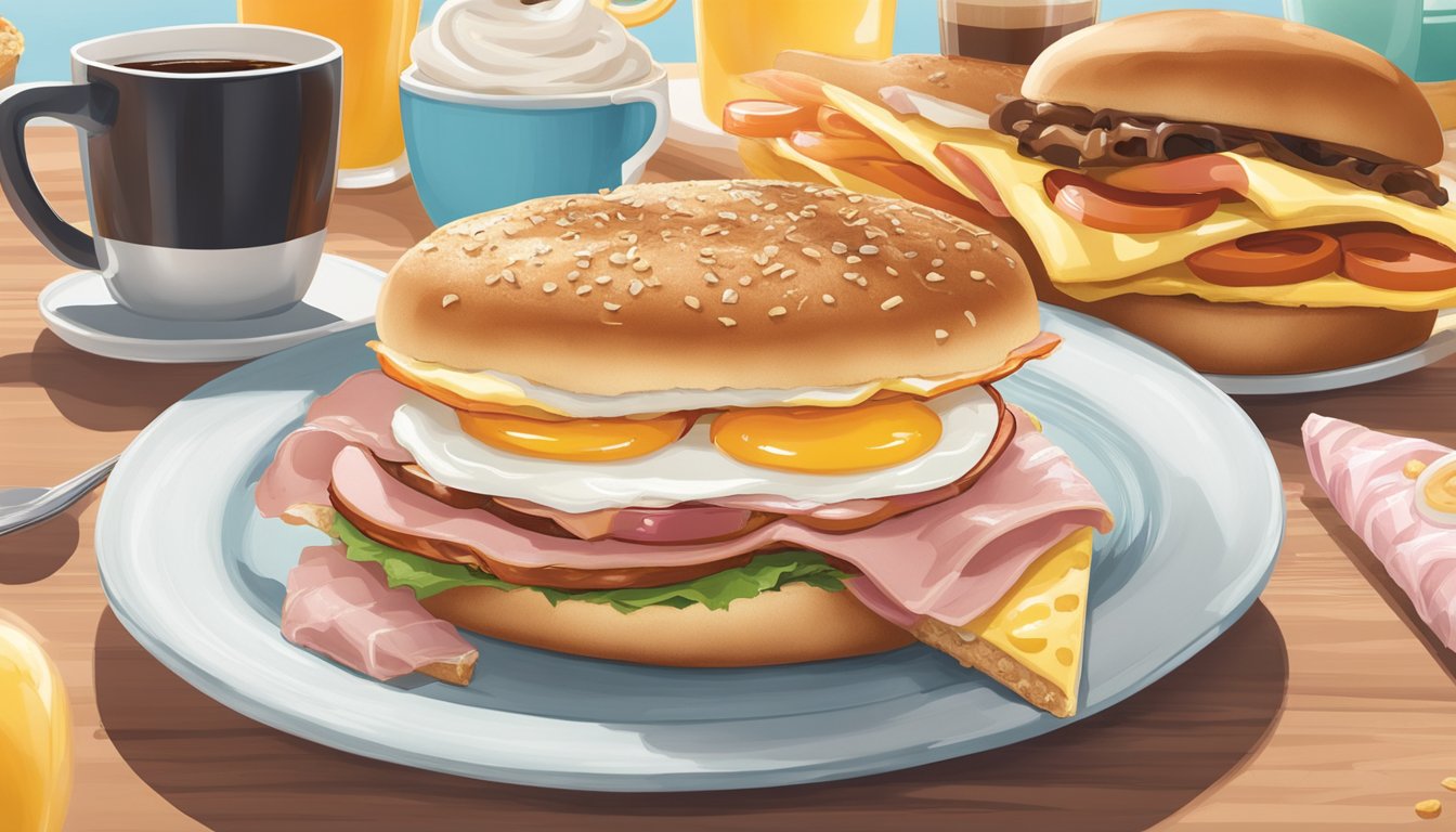 A breakfast sandwich on an English muffin with ham, egg, and cheese, surrounded by coffee and other breakfast items at Dunkin'