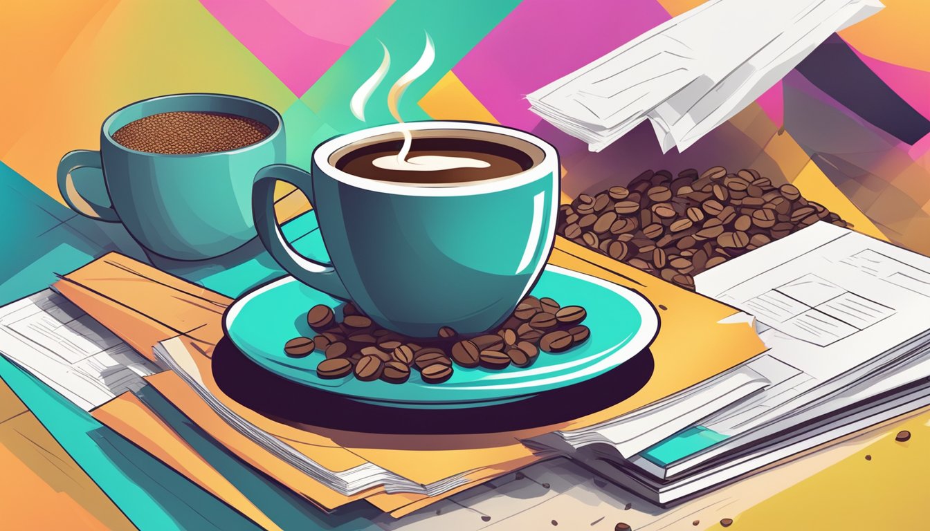 A steaming cup of coffee surrounded by scattered coffee beans and a pile of paperwork, with a bright and energetic color palette