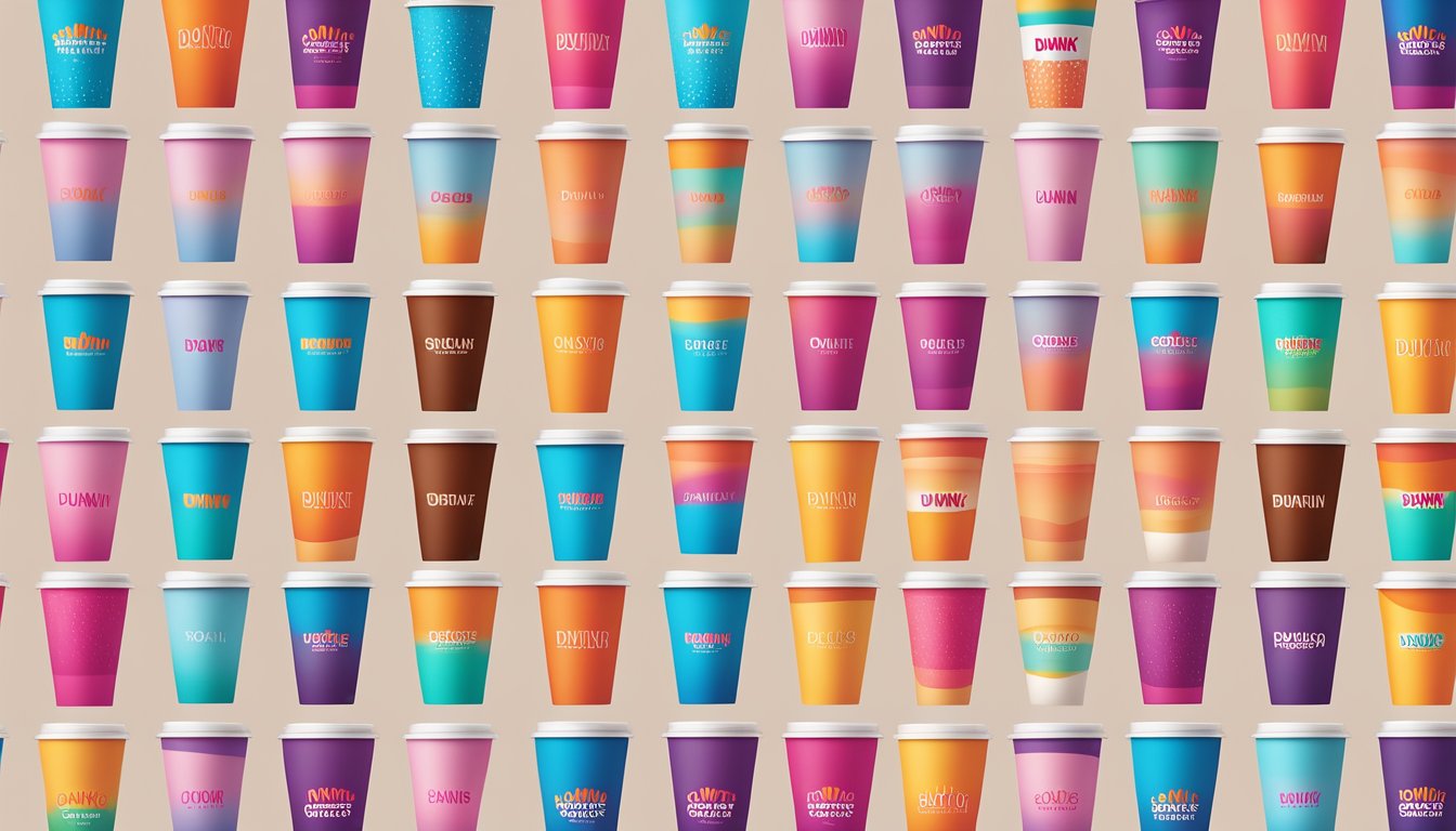 A colorful array of Dunkin' coffee cups arranged in a gradient from least to most popular, with each cup labeled with a different flavor