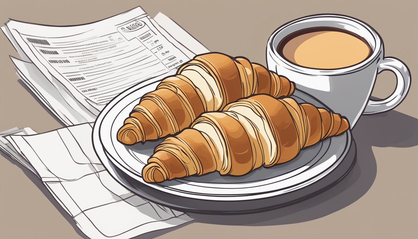 A plain croissant sits on a plate next to a coffee cup and a menu listing 10 Dunkin' breakfast combos under $5