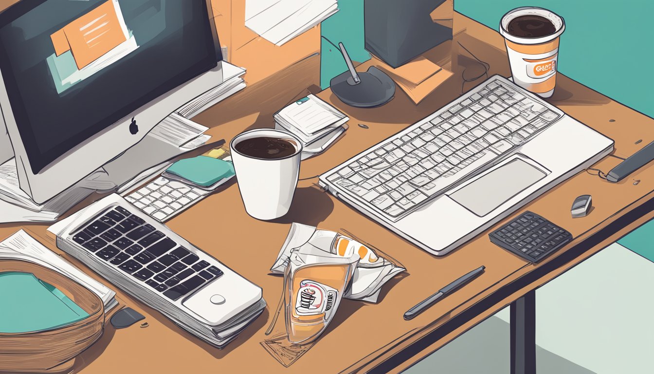 A cluttered desk with a spilled coffee cup next to a computer, contrasted with a tidy desk with a fresh Dunkin' Donuts coffee cup