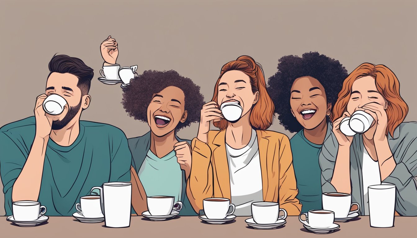 A group of friends laughing and grimacing while sipping on cups of coffee, with a pile of discarded bad coffee cups in the background