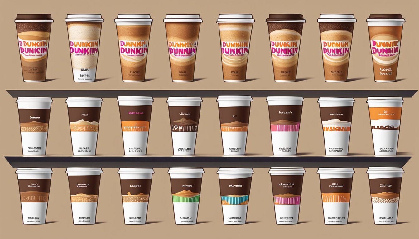 A lineup of nine Dunkin' coffee cups, each labeled with a different hazelnut flavor, displayed from worst to best