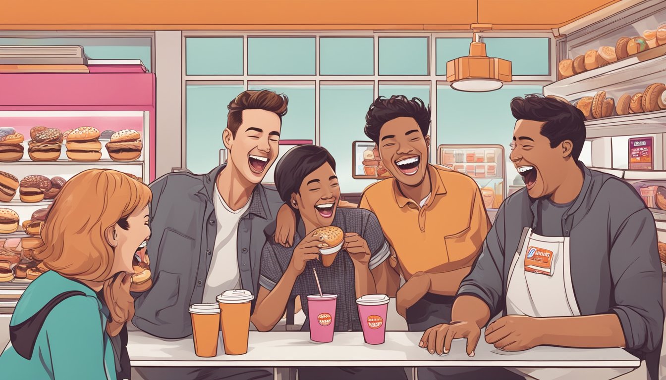 A group of people laughing and enjoying Dunkin' Donuts, with various humorous situations depicted in the background