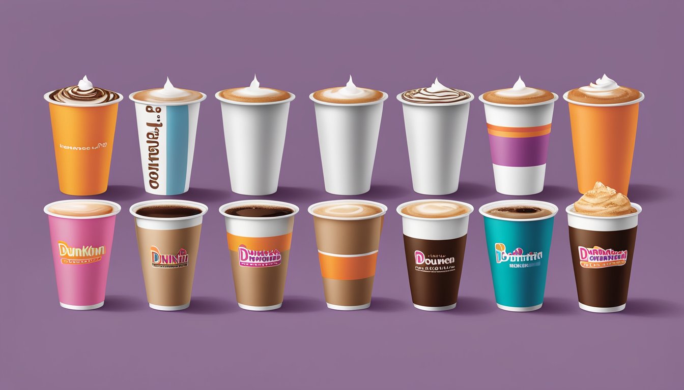 A lineup of nine coffee cups in a variety of colors and sizes, each labeled with a different Dunkin' Donuts coffee flavor, arranged from least to most favored