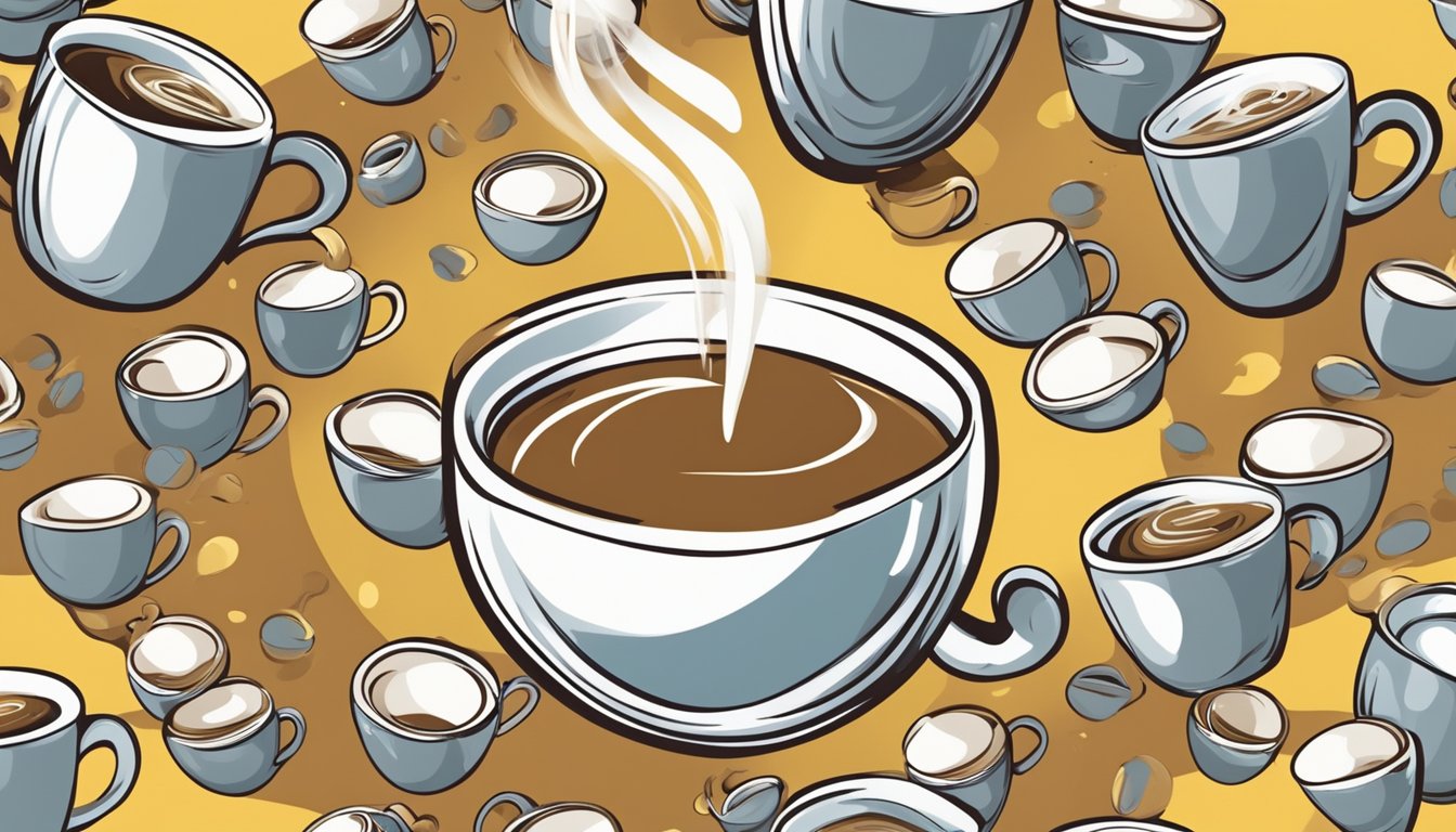 A steaming cup of espresso with a playful expression, surrounded by laughing coffee cups