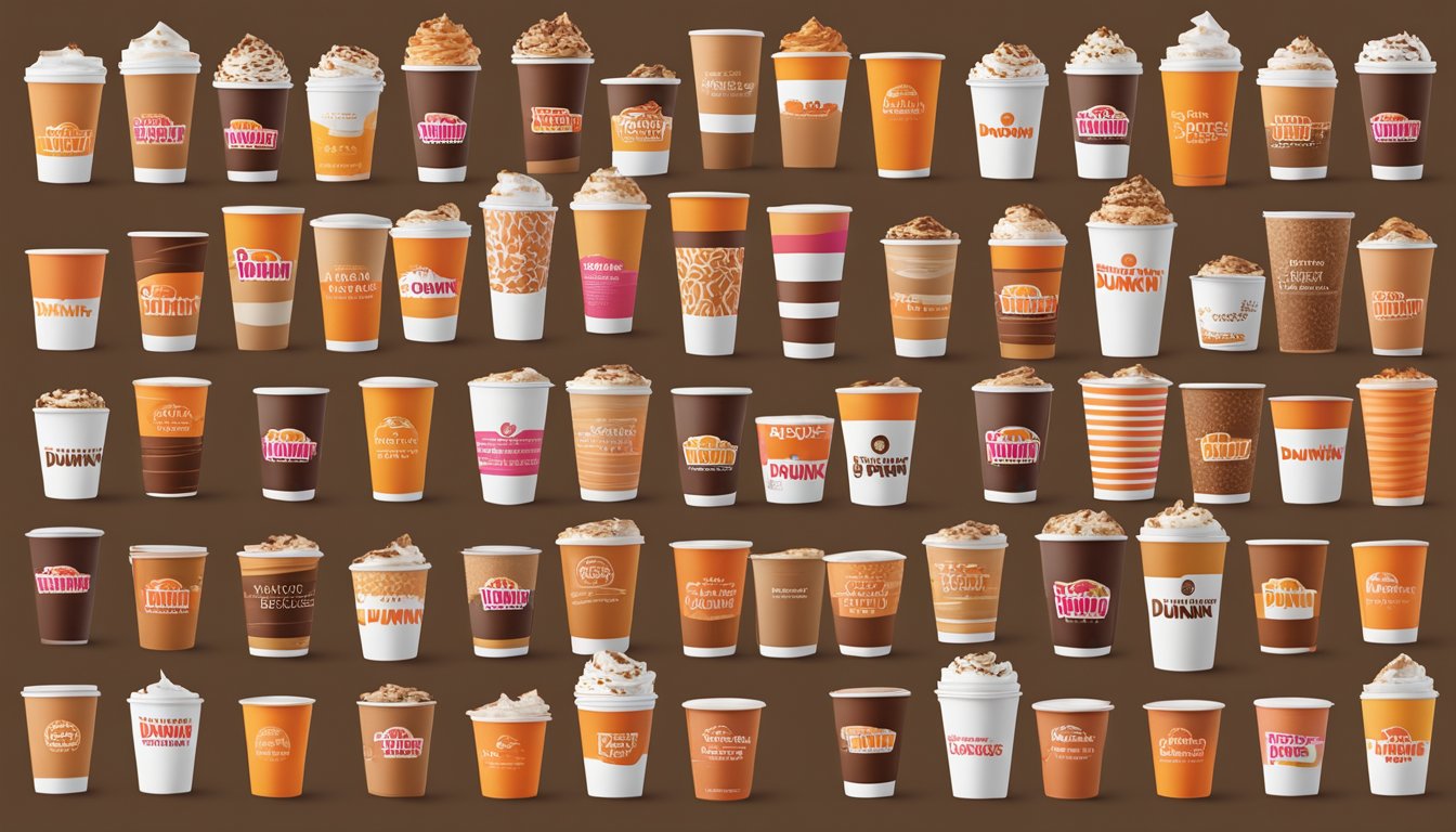 A colorful array of nine Dunkin' coffee cups, each labeled with a different pumpkin spice flavor, arranged from worst to best