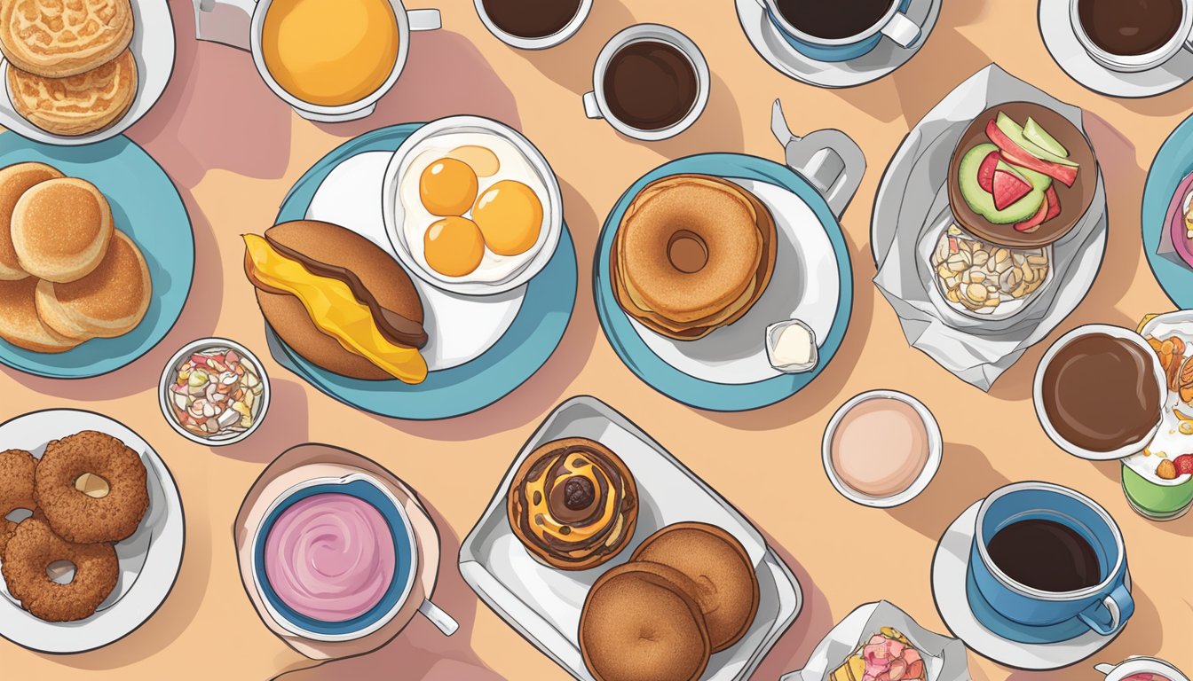 A breakfast table with 10 Dunkin' breakfast combos neatly arranged under $5