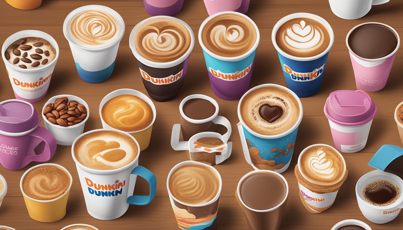 A lineup of nine Dunkin' coffee cups, each labeled with a different flavor, sits on a wooden table with scattered toasted almonds