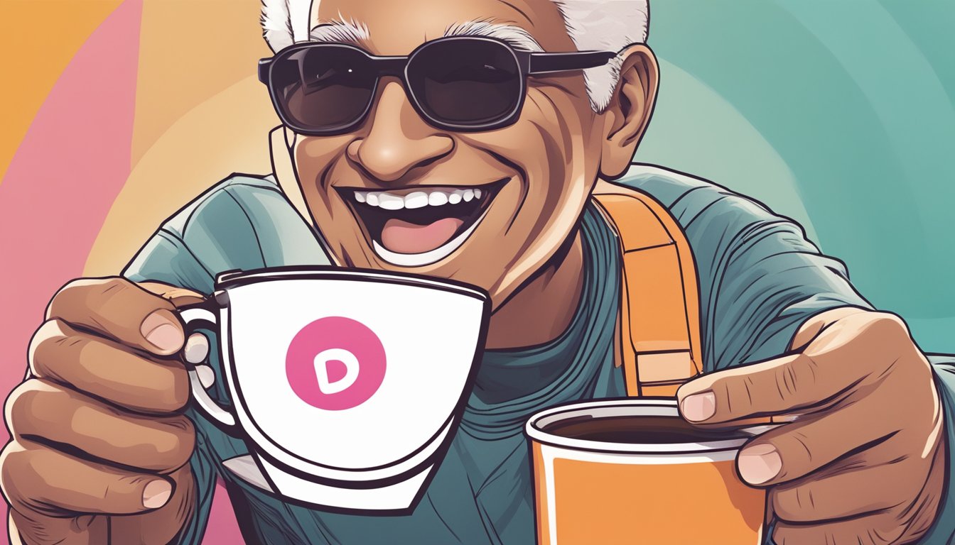 A person reaching for a Dunkin' Donuts coffee cup with a big smile on their face