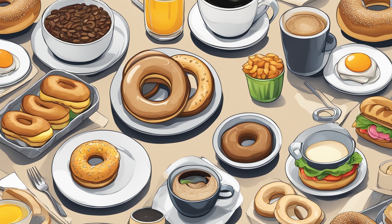 A table with various breakfast items like coffee, donuts, bagels, and sandwiches arranged in a customizable combo