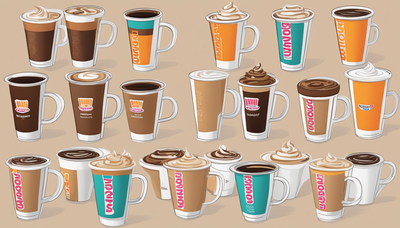 A lineup of nine Dunkin' coffee cups, each labeled with a different coconut-flavored drink, arranged in order from worst to best