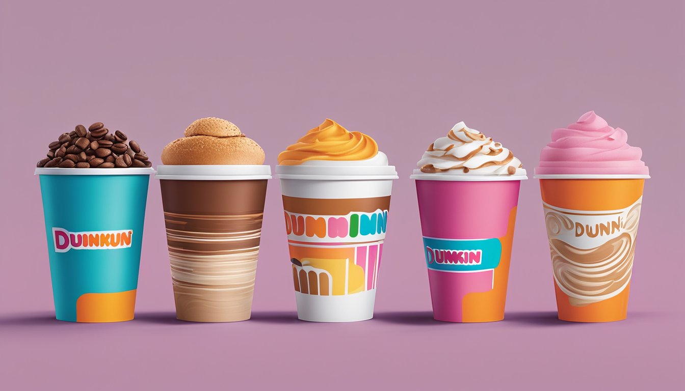 A colorful lineup of nine Dunkin' coffee cups, each representing a different flavor, arranged from least to most popular