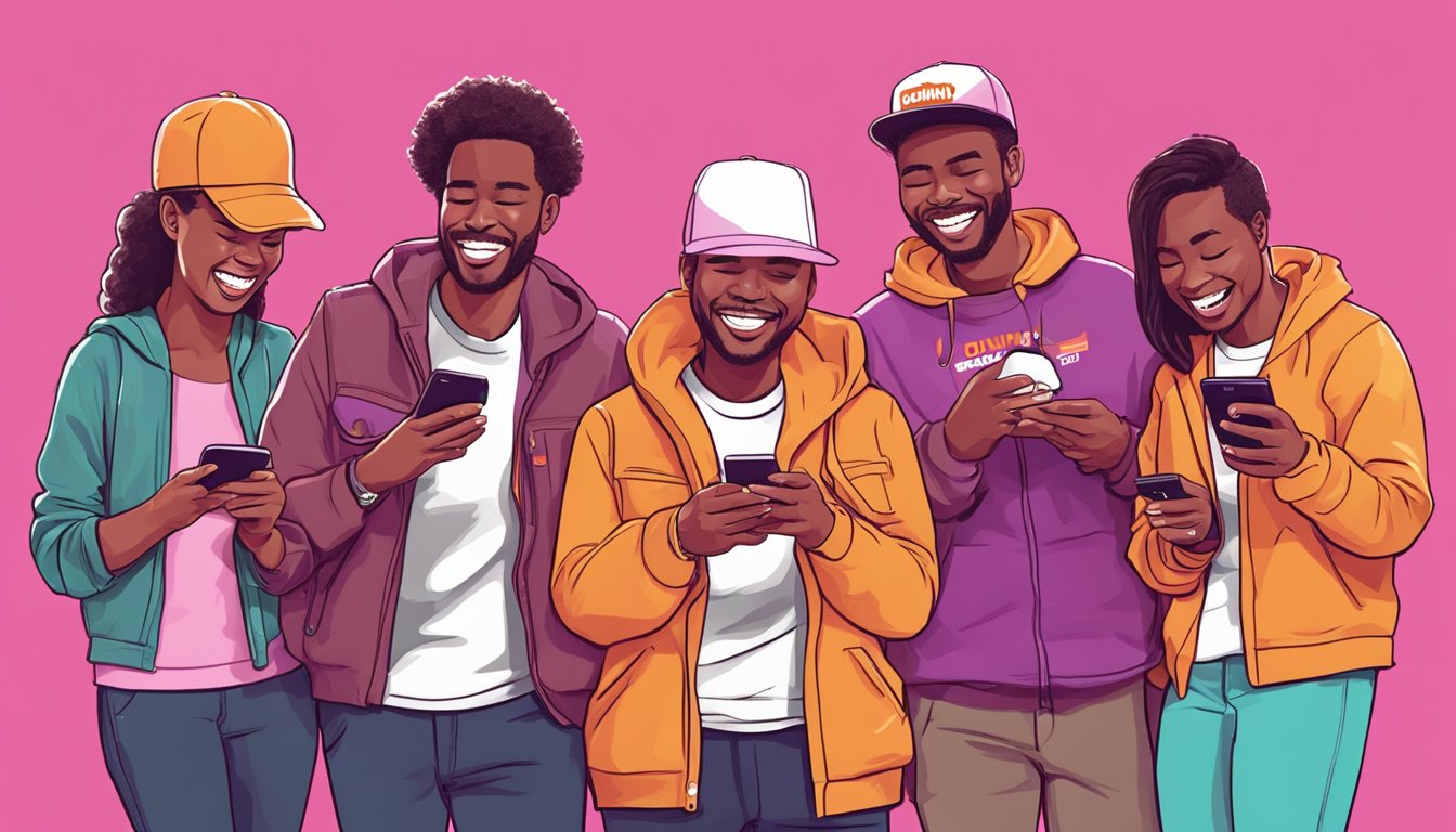 A group of people laughing and sharing Dunkin' Donuts memes on their phones