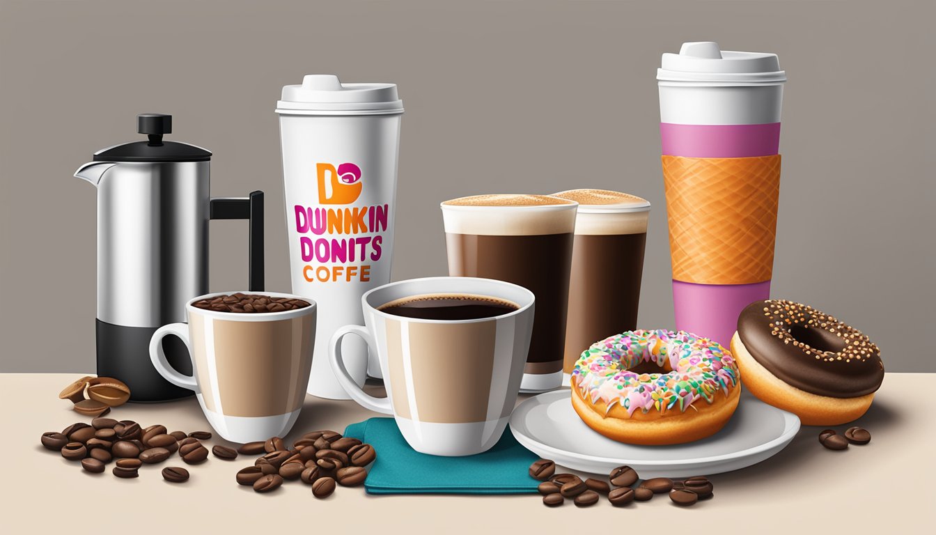 A Dunkin' Donuts coffee mug surrounded by 12 coffee-related gift items, such as beans, a French press, and a travel mug, on a table