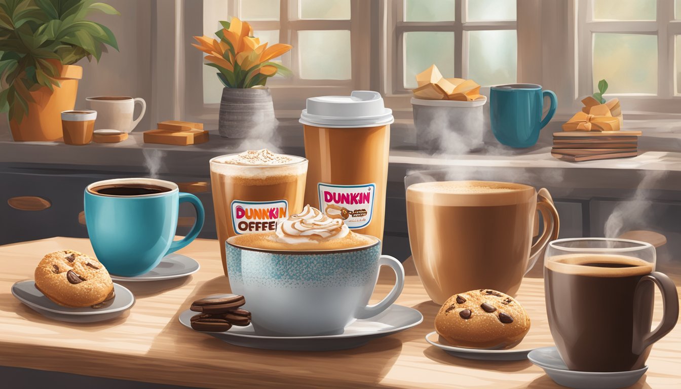 A cozy kitchen table with a steaming cup of Dunkin' Original Blend Ground Coffee surrounded by coffee-themed gifts and accessories