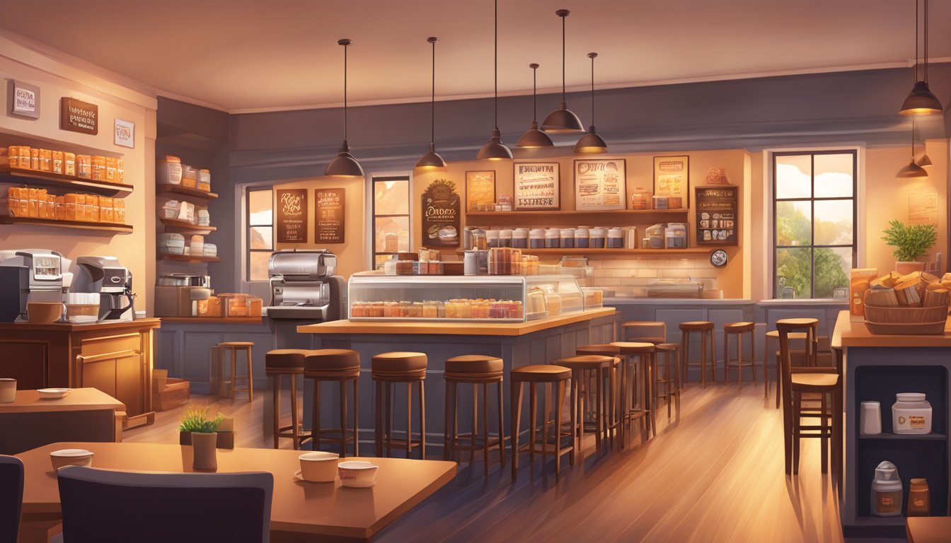 A cozy coffee shop with a variety of Dunkin' inspired gift items displayed on shelves and tables, surrounded by warm lighting and the aroma of freshly brewed coffee