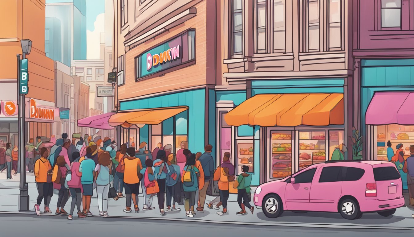 A crowded city street with a Dunkin' Donuts store front, showing customers using the app for fast pickup