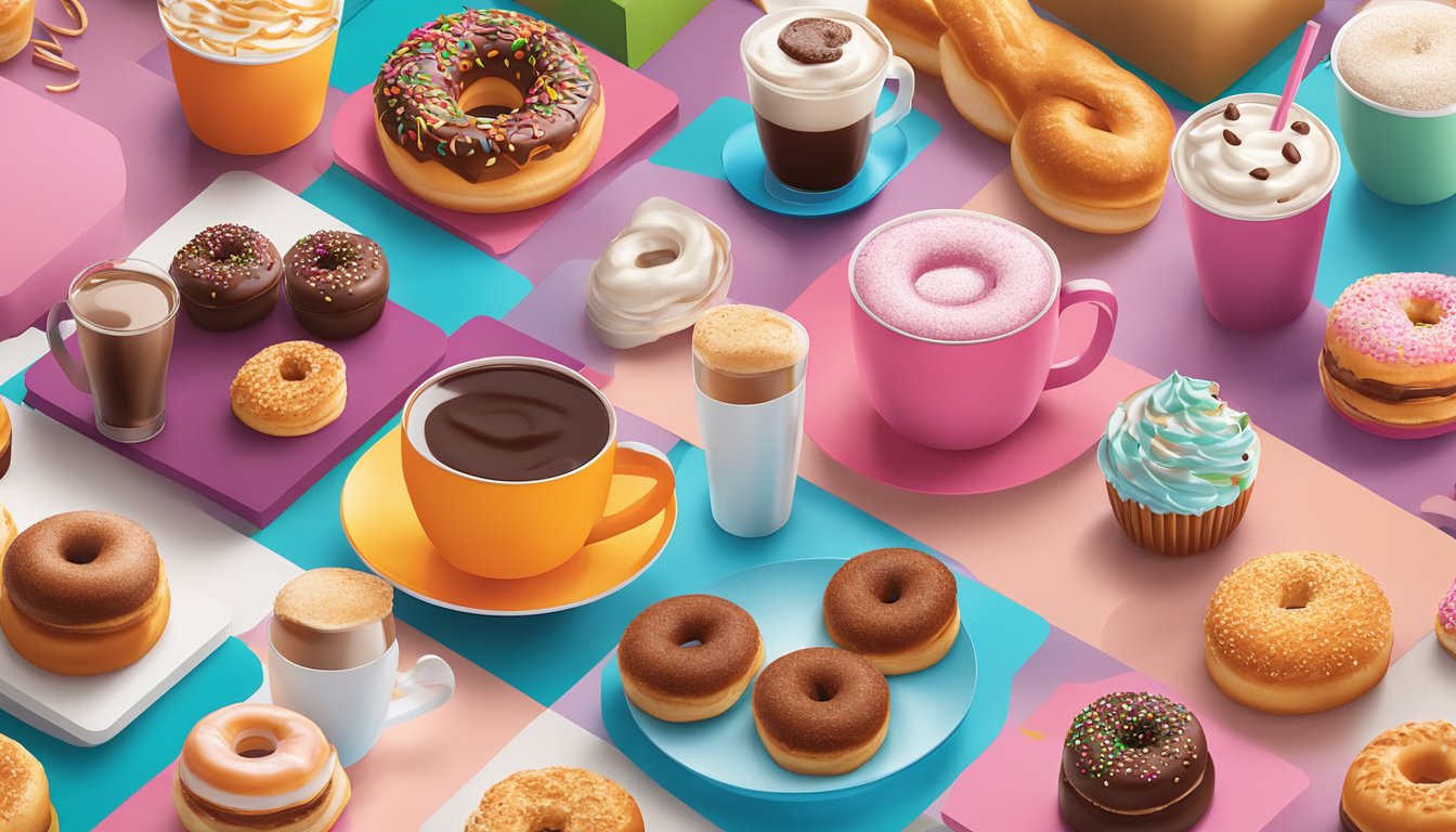 A colorful, inviting Dunkin' Donuts loyalty card surrounded by a variety of delicious beverages and pastries