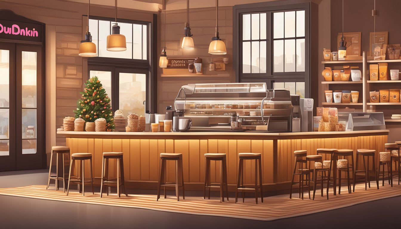 A cozy coffee shop with a display of Dunkin' Tumbler and various coffee-themed gifts, surrounded by warm lighting and inviting decor