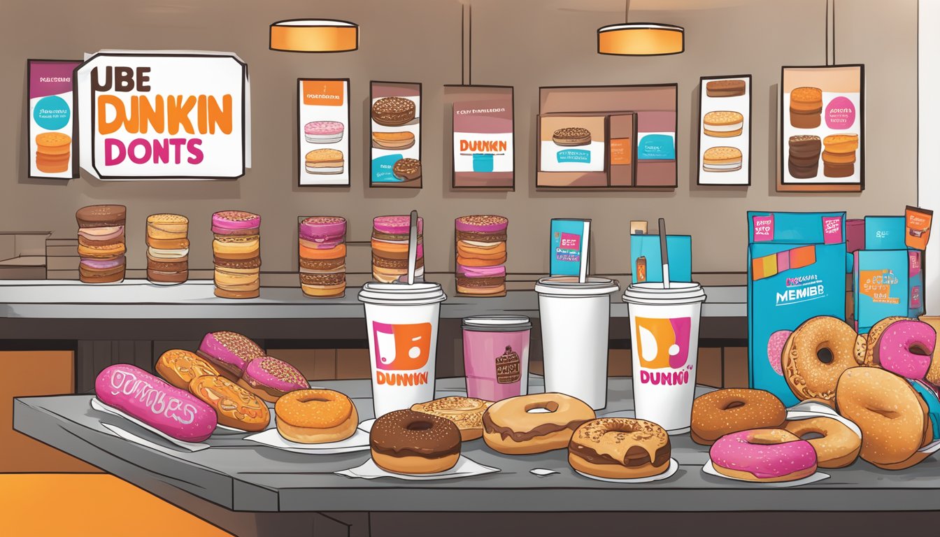 A table with a variety of Dunkin' Donuts products and a sign displaying "Exclusive Member Offers" with 9 highlighted reasons