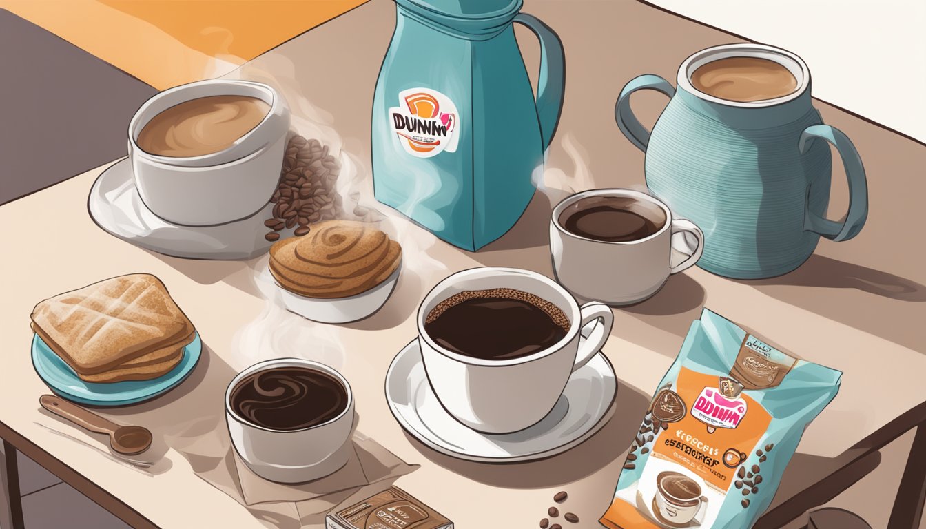 A cozy kitchen table with a steaming cup of coffee, surrounded by bags of Dunkin' Coffee Creamer and coffee-themed gifts