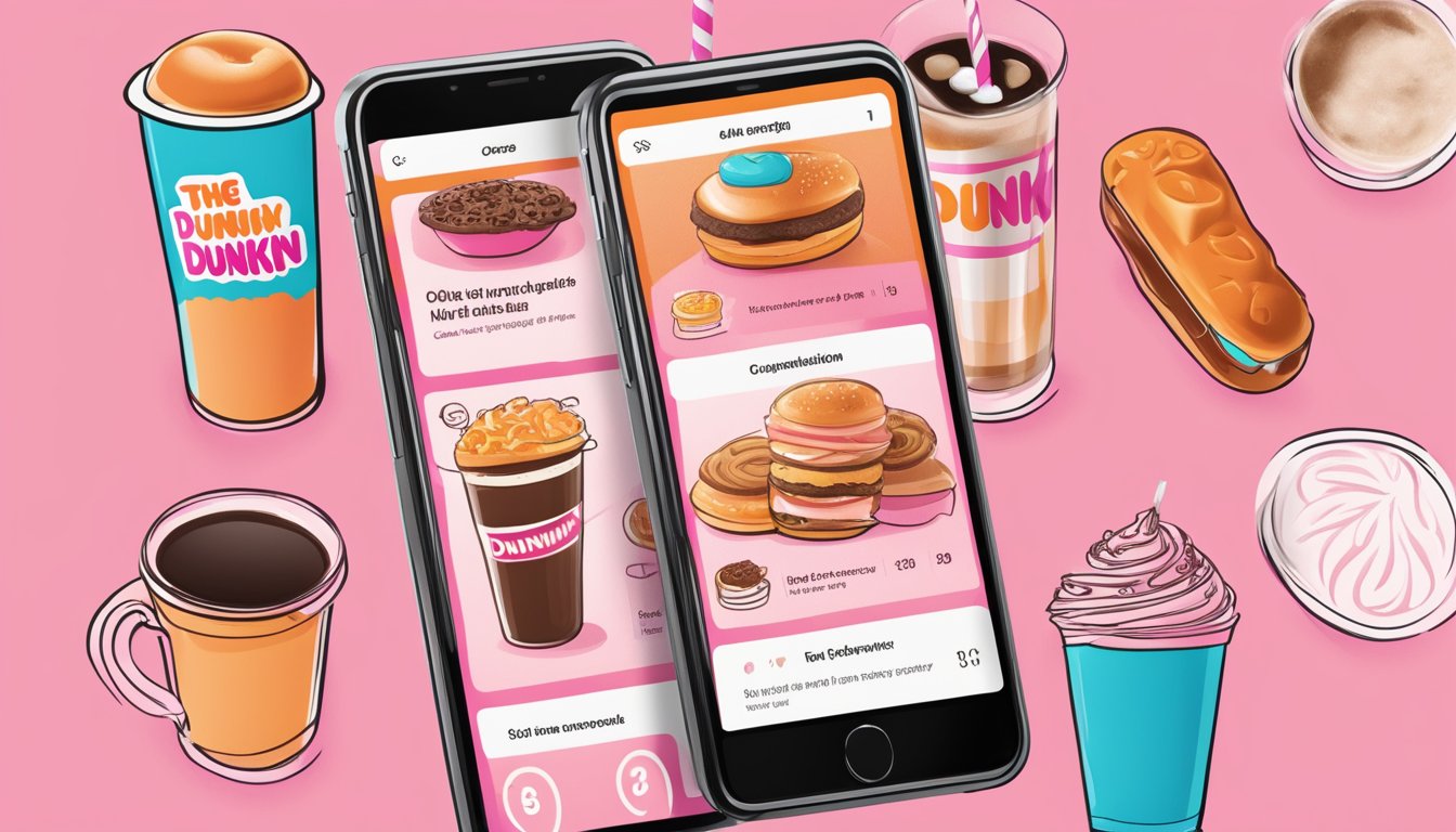 A smartphone with the Dunkin' app open, displaying customizable order options and the 12 reasons why it's a game-changer