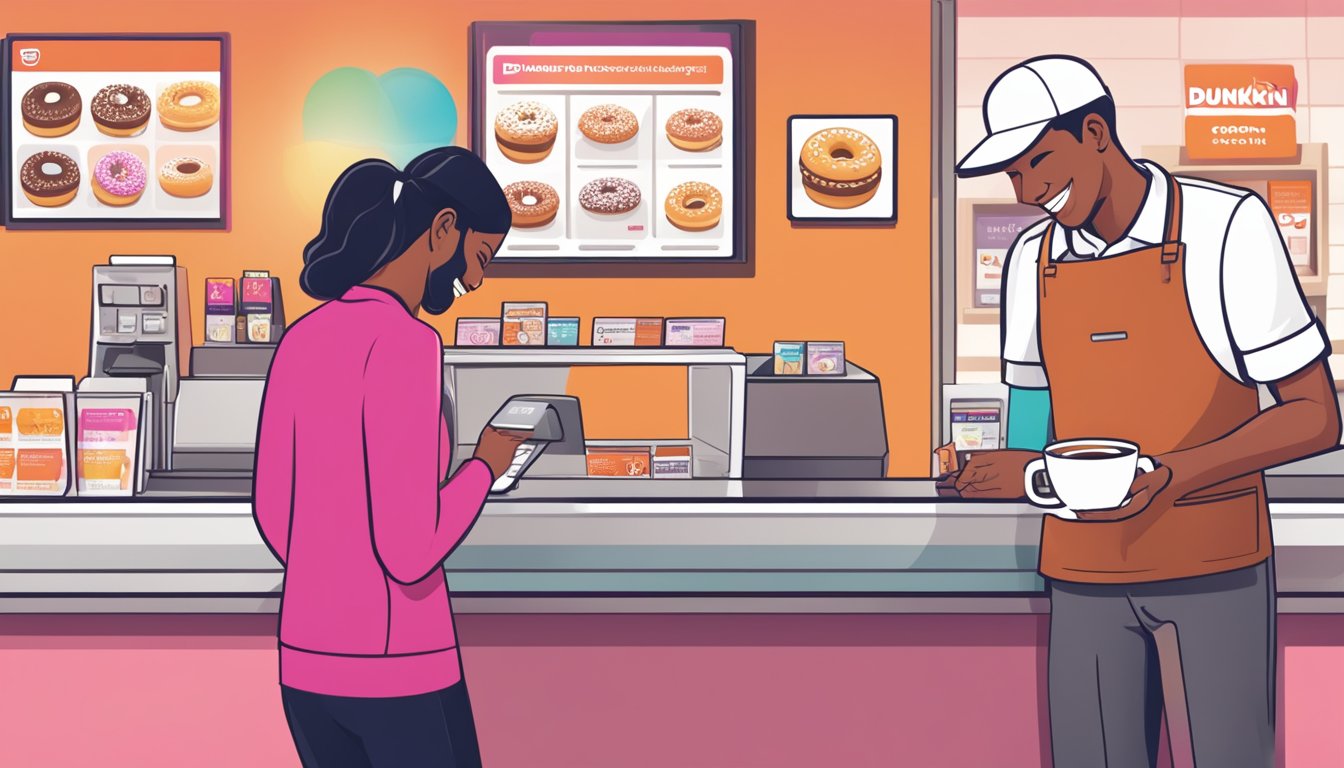 A brightly colored Dunkin' Donuts loyalty card being scanned at the counter, with a smiling employee handing over a free coffee to a satisfied customer