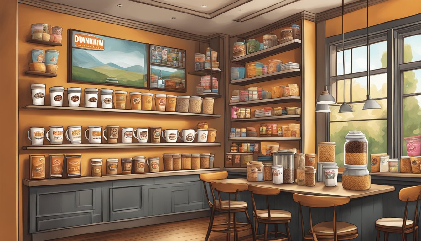 A cozy coffee shop with shelves of Dunkin' Donuts apparel and gift items, including mugs, t-shirts, and novelty items. A warm, inviting atmosphere with the aroma of freshly brewed coffee