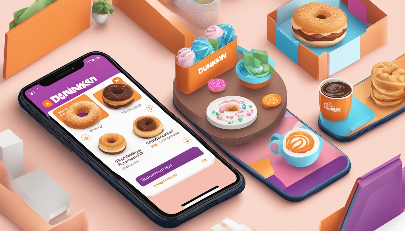 A smartphone displaying the Dunkin' app with various advanced features and benefits highlighted, such as mobile ordering, rewards, and exclusive offers