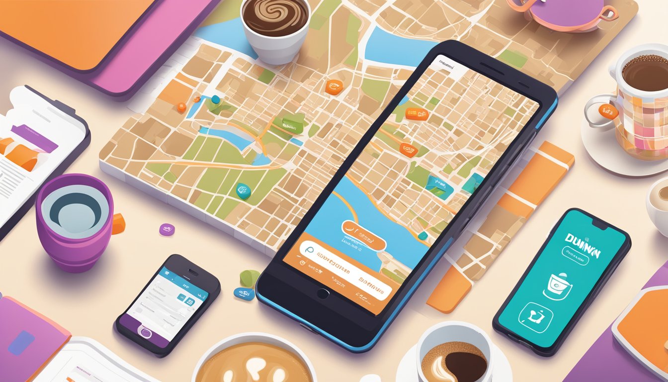 A smartphone with the Dunkin' app open, surrounded by a map, coffee cup, and various icons representing different features