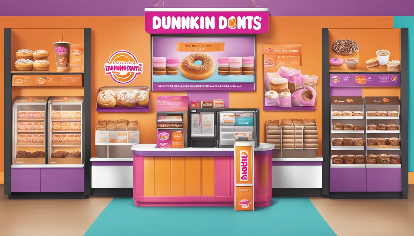 A colorful display of Dunkin' Donuts loyalty program benefits, including free coffee, exclusive events, and special offers