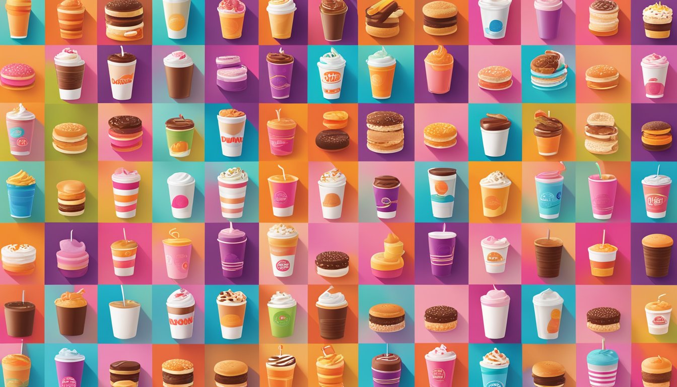 A colorful and vibrant display of 12 icons representing different features of Dunkin's app, such as ordering, rewards, and customization options