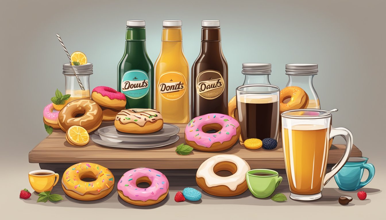 A table with various flavored syrups, coffee mugs, and donuts arranged as gift ideas