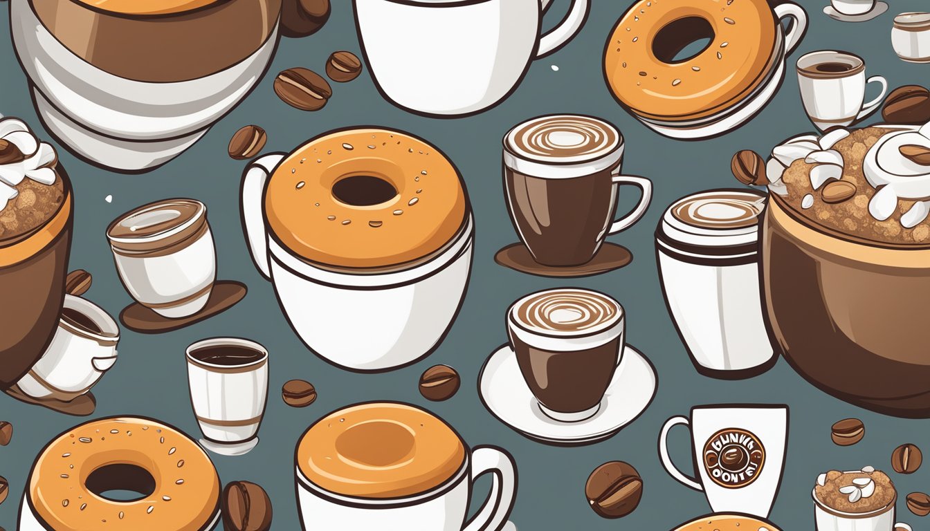 A cozy beanie hat with the Dunkin' Donuts logo surrounded by coffee mugs, beans, and other coffee-themed gifts